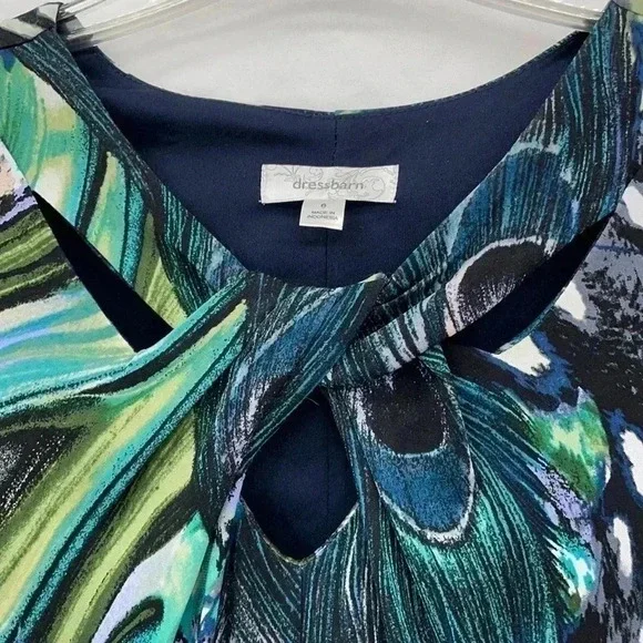 Dressbarn Peacock Sleeveless Dress 6 Black Green Feathers Circle Hem Peep Holes - Picture 3 of 10